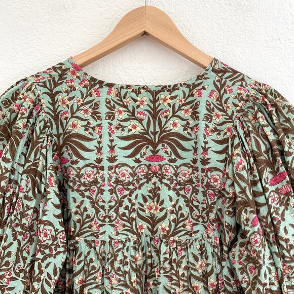 Karni Indian Cotton Floral Tiered Mini Dress Balloon Sleeves Block Print Boho - Picture 5 of 8